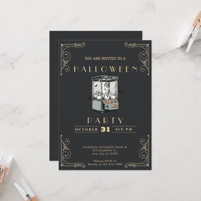 Invitation Tableau noir & or Grattez un Fantôme Halloween (Devant/Arrière en situation)