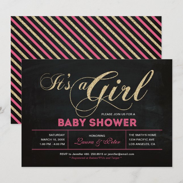 Invitation Tableau noir, Or | Typographie Baby shower fille (Devant / Derrière)