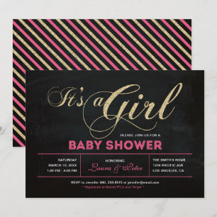 Invitation Tableau noir, Or   Typographie Baby shower fille