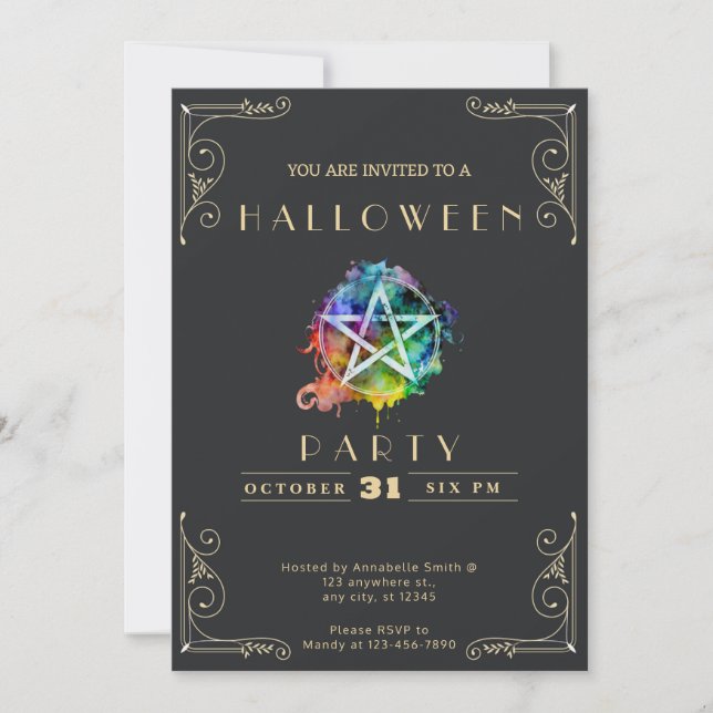 Invitation Tableau noir Pentagramme noir et or Halloween (Devant)