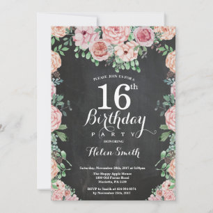Invitation Tableau noir pour 16e anniversaire avec pivoines r
