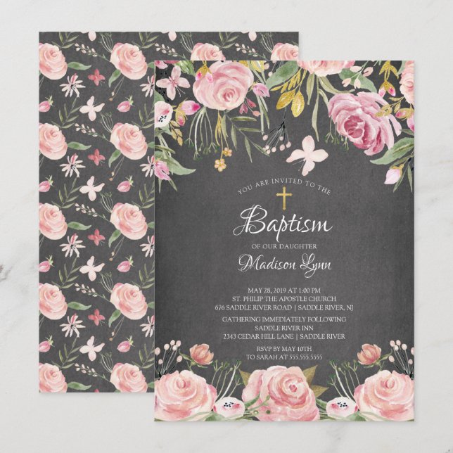 Invitation Tableau noir rose floral Baptême (Devant / Derrière)