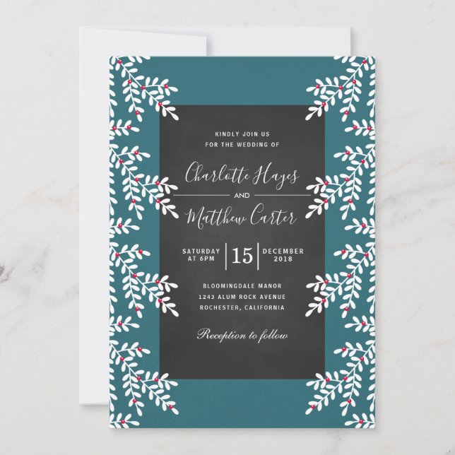 Invitation Tableau noir Turquoise moderne de mariage d'hiver (Devant)