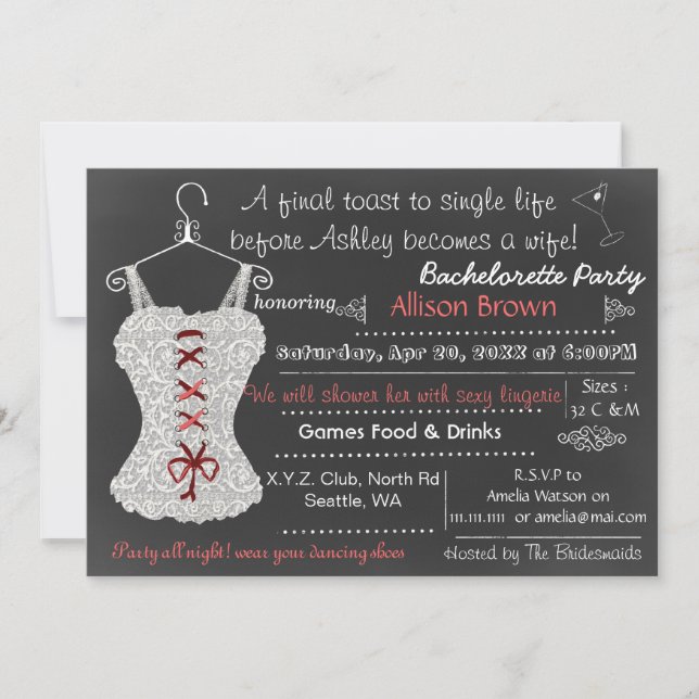 Invitation Tableau rouge dentelle Lingerie Douche Bachelorett (Devant)