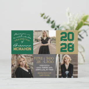 Invitation Tableau Vert et Or Chalkboard 3 Photo Graduation