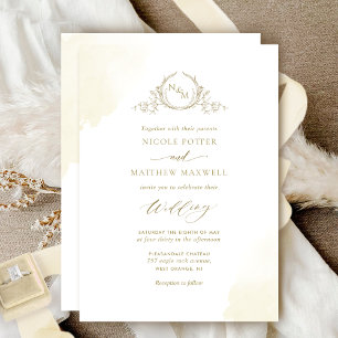 Invitation Taches d'aquarelle Champagne Élégant, Monogramme M