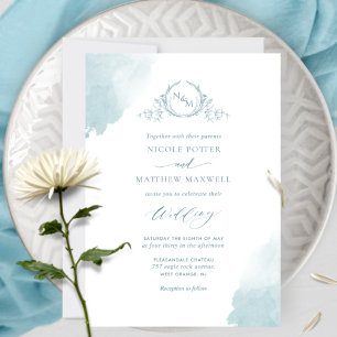 Invitation Taches d'aquarelle de verre de mer chic, monogramm