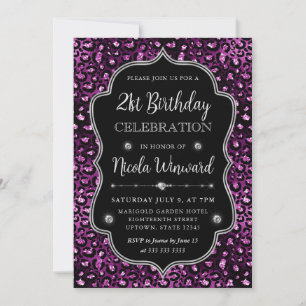 Invitation Taches de léopard noir violet Cadre paillettes Ann