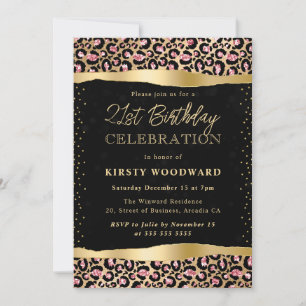 Invitation Taches de léopard scintillantes rose et or pour 21