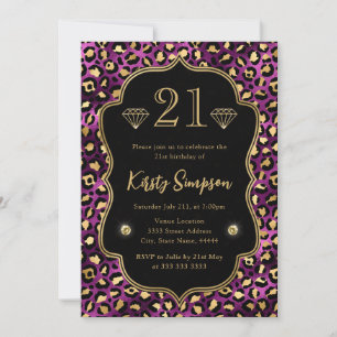 Invitation Taches de léopard violet et or 21e anniversaire
