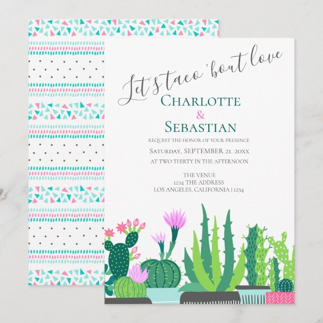 Invitation Taco à l'amour succulent mariage de cactus (Devant / Derrière)