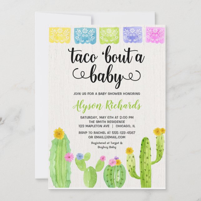 Invitation Taco à propos d'un bébé, baby shower Fiesta cactus (Devant)