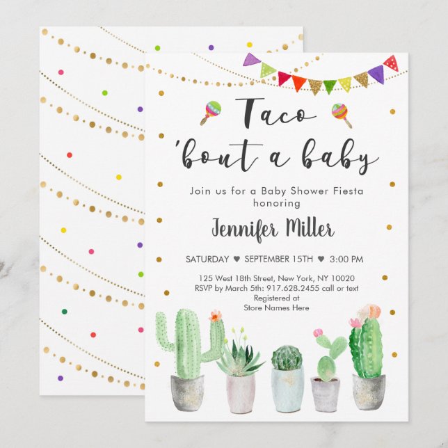 Invitation Taco à propos d'un bébé Fête d'or Cactus Baby Show (Devant / Derrière)