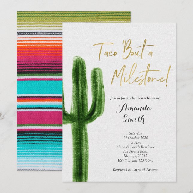 Invitation Taco à un jalon Baby shower Cactus (Devant / Derrière)