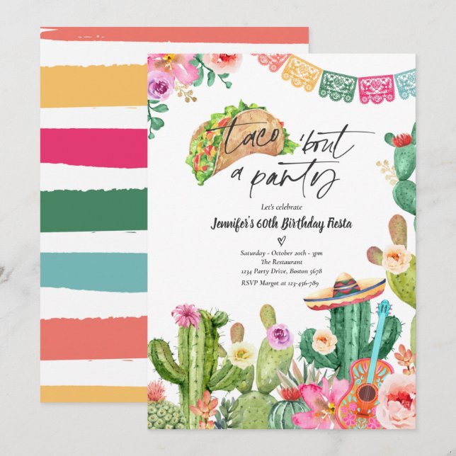 Invitation Taco 'Bout A Party 60e anniversaire Fiesta Cactus (Devant / Derrière)