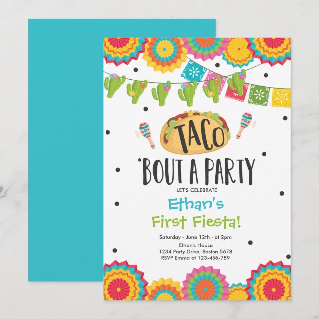 Invitation Taco 'Bout a Party Boy First Fiesta Birthday (Devant / Derrière)