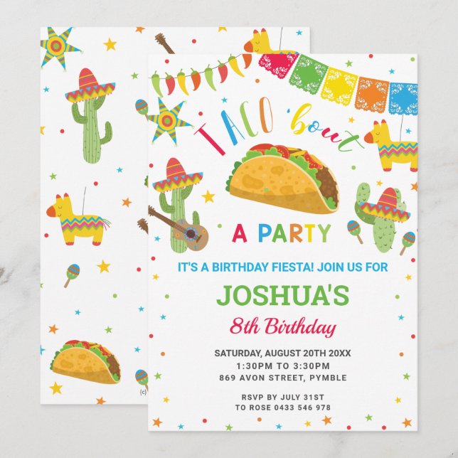 Invitation Taco 'Bout a Party Fiesta Cumpleaños Anniversaire  (Devant / Derrière)