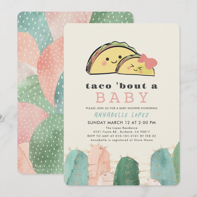 Invitation Taco Bout Kawaii Fiesta Baby shower fille (Devant / Derrière)