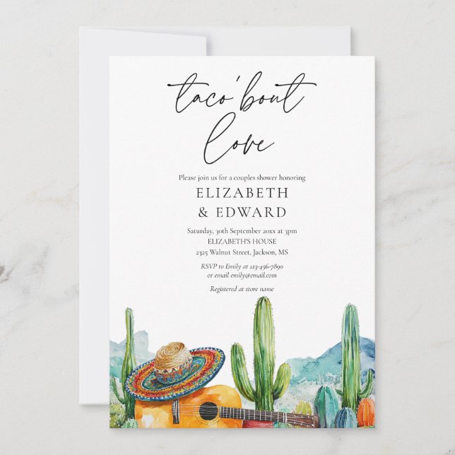 Invitation Taco Bout Love Aquarelle Cactus Couples Douche (Devant)