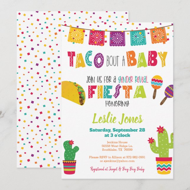 Invitation Taco Bout, un bébé Baby shower de la fête du genre (Devant / Derrière)