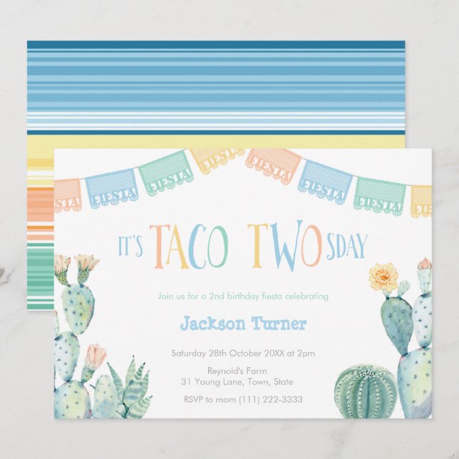 Invitation Taco Deux Jours Mardi 2 Anniversaire Fiesta Pour G (Devant / Derrière)