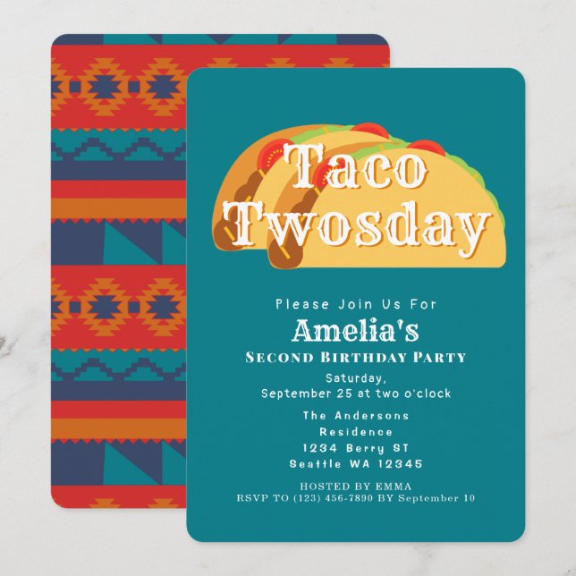 Invitation Taco Deux Jours Mardi Enfants 2e Anniversaire Invi (Devant / Derrière)