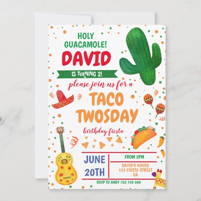 Invitation Taco Twosday Boy Birthday Fiesta Cactus Mexique (Devant)