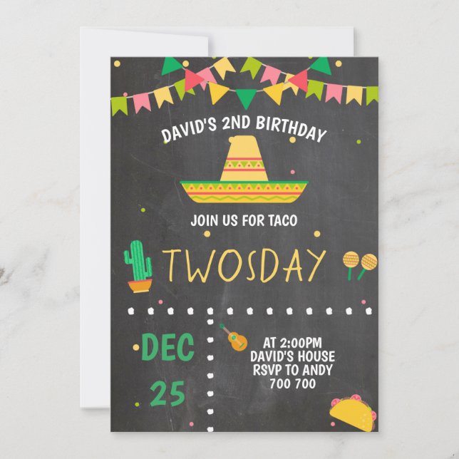 Invitation Taco Twosday Boy Fiesta 2e fête d'anniversaire Mex (Devant)