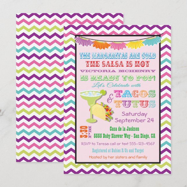 Invitation Tacos et Tutus baby showers mexicains de Fiesta In (Devant / Derrière)