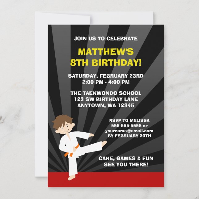 Invitation Taekwondo Karate Orange Belt Anniversaire Invitati (Devant)