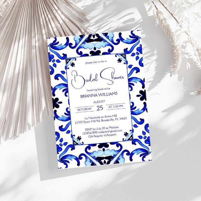 Invitation Talavera azulejo bleu tuiles douches nuptiales mex (Talavera azulejo blue tiles Mediterranean vintage Mexican bridal shower Invitation template download)