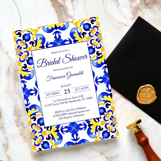 Invitation Talavera azulejo bleu tuiles douches nuptiales mex (Talavera azulejo blue yellow tiles vintage Mexican bridal shower Invitation editable template )
