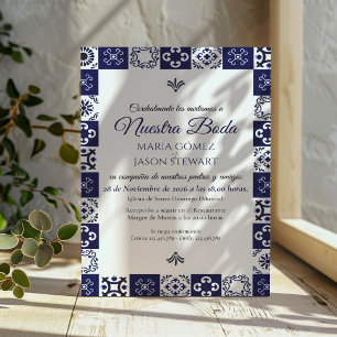 Invitation Talavera Majolica Bleu Nuit Blanc Mariage Espagnol