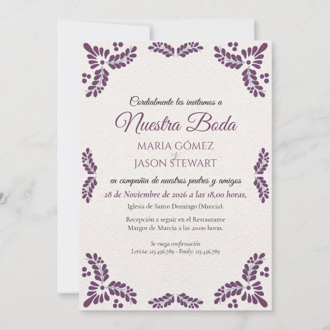 Invitation Talavera Purple Floral Minimalist Spanish Wedding (Devant)