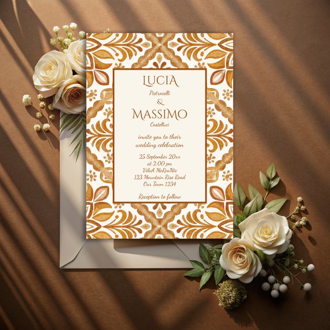 Invitation Talavera terracotta vintage mariage mexicain (Terracotta vintage Mexican Talavera wedding Invitations with RSVP template instant download marron)