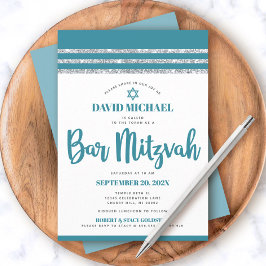 Invitation Tallit Bar Mitzvah simple moderne argent sarcelle