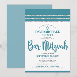 Invitation Tallt Teal Argent Bar Mitzvah Gras Simple Moderne