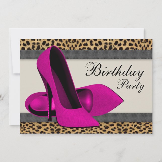 Invitation Talons Hauts Fête d'Anniversaire Rose Léopard (Devant)