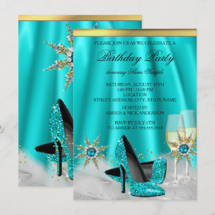 Invitation Talons hauts sarcelle bleue pailletés or champagne