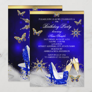Invitation Talons Papillon Bleu Royal Pailleté Champagne Doré