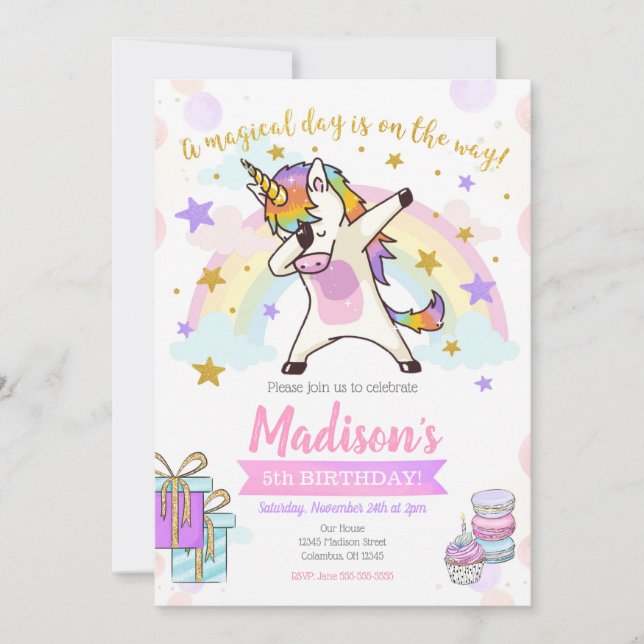 Invitation tamponnante d'anniversaire de licorne (Devant)