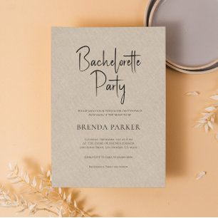 Invitation Tan Linen Simple Noir Script Bachelorette