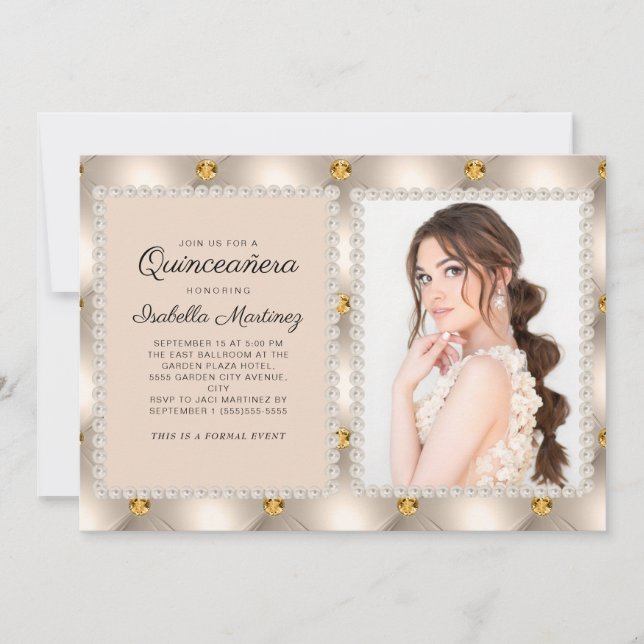 Invitation Tan Or Perles Satin Bijoux Photo Quinceañera (Devant)