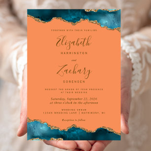 Invitation Tangerine Mariage moderne Turquoise or Agate