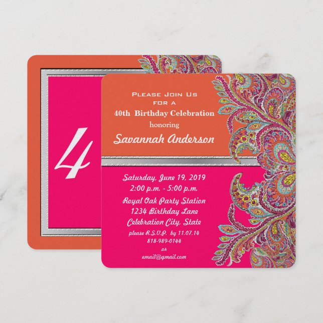 Invitation Tangerine marocaine & Hot Pink fête du 40e anniver (Devant / Derrière)
