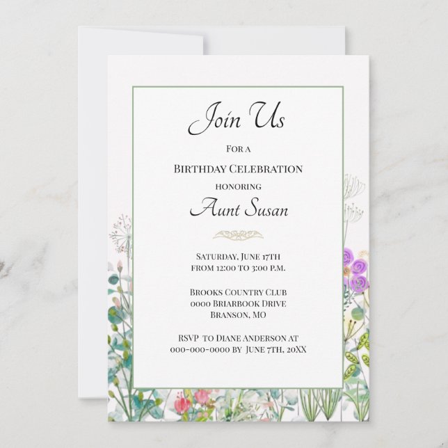 Invitation Tante verdure fleur sauvage fête d'anniversaire (Devant)
