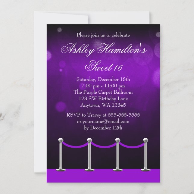 Invitation Tapis d'argent mauve Hollywood Sweet 16 Anniversai (Devant)