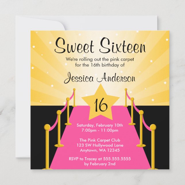 Invitation Tapis rose Hollywood Sweet 16 Anniversaire (Devant)