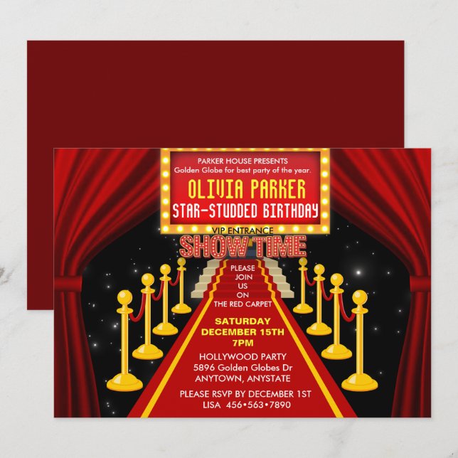 Invitation Tapis rouge | Hollywood | Anniversaire Fête Invi (Devant / Derrière)