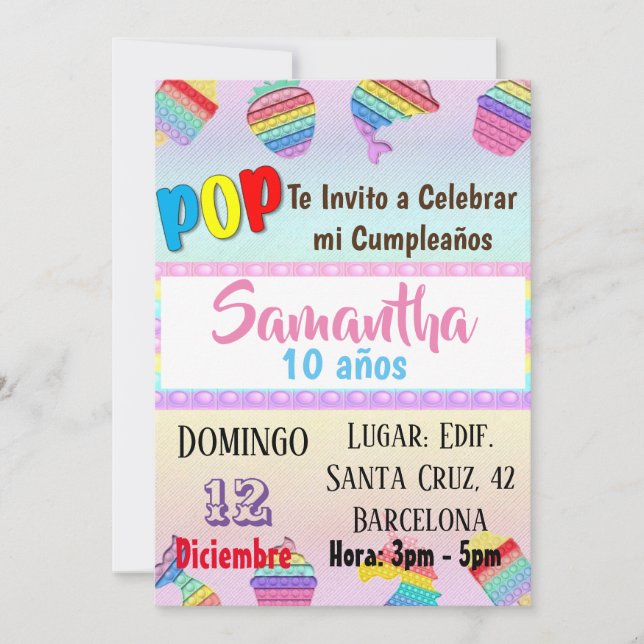 INVITATION TARJETA INVITACION CUMPLEAÑOS POP IT ANNIVERSAIRE (Devant)